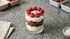 Proteinowa granola z kremem ze skyru i tofu – szybkie śniadanie z malinami